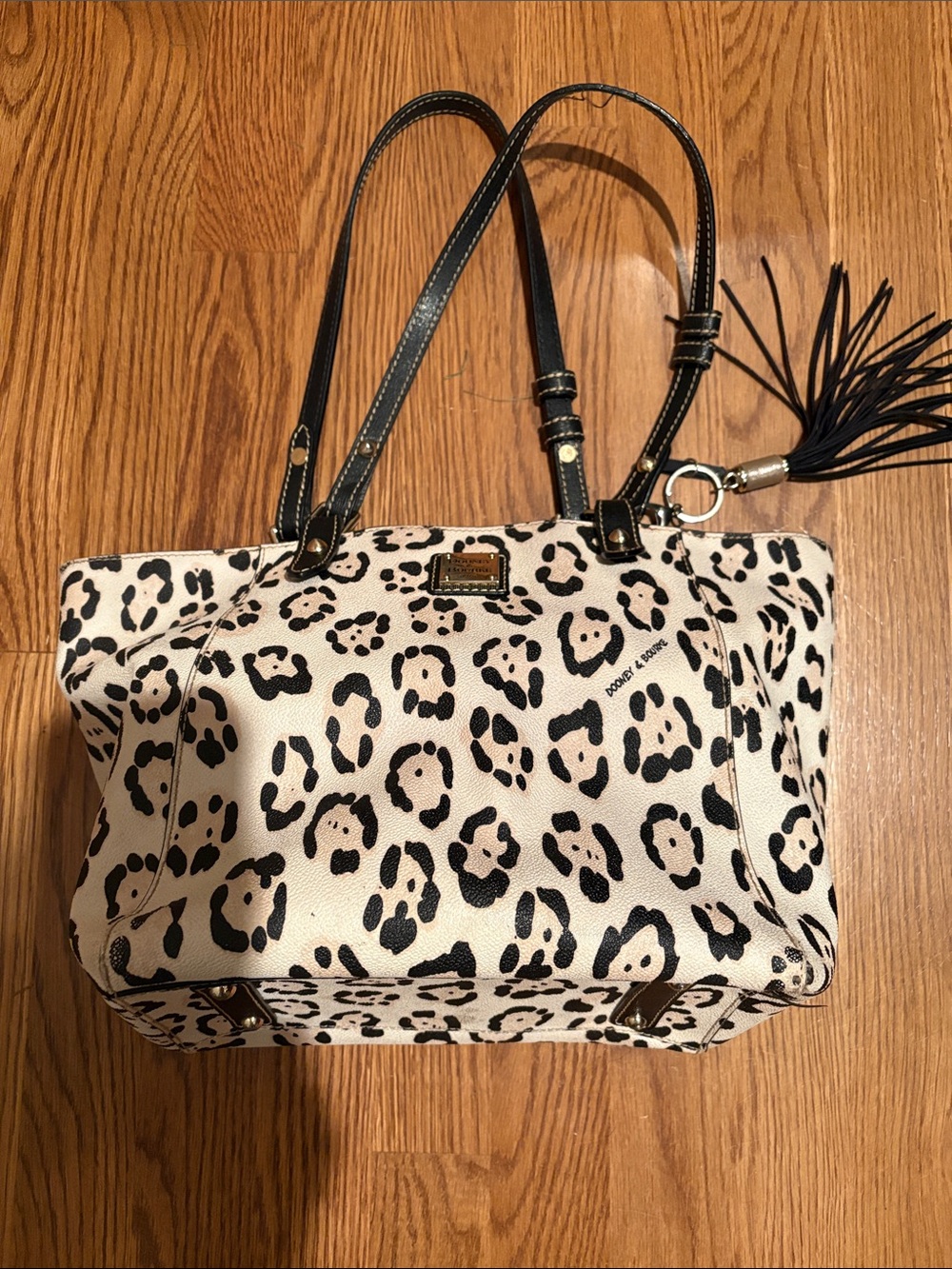 Dooney & Bourke Black and White Leopard Tote with Tassel